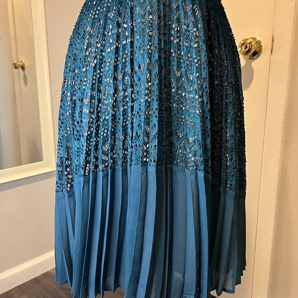 French Connection Teal Orabelle Lace Fit & Flare Ruffle Midi Dress, Size 6 - Picture 7 of 16